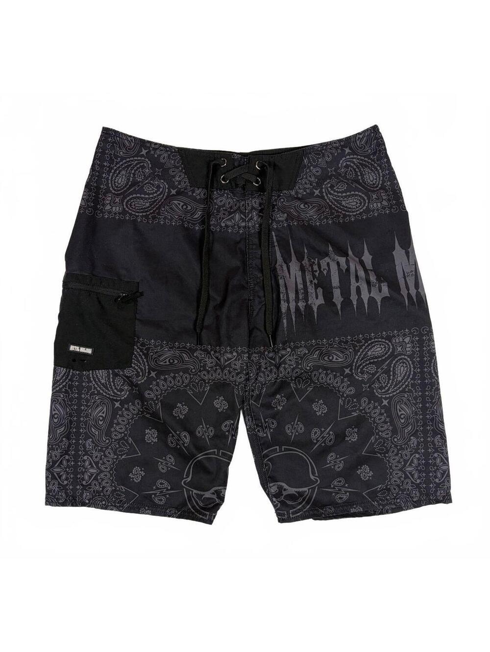 Y2K Metal Mulisha Men's 33 Black Gray Bandana Skull Motocross Board Shorts Swim
